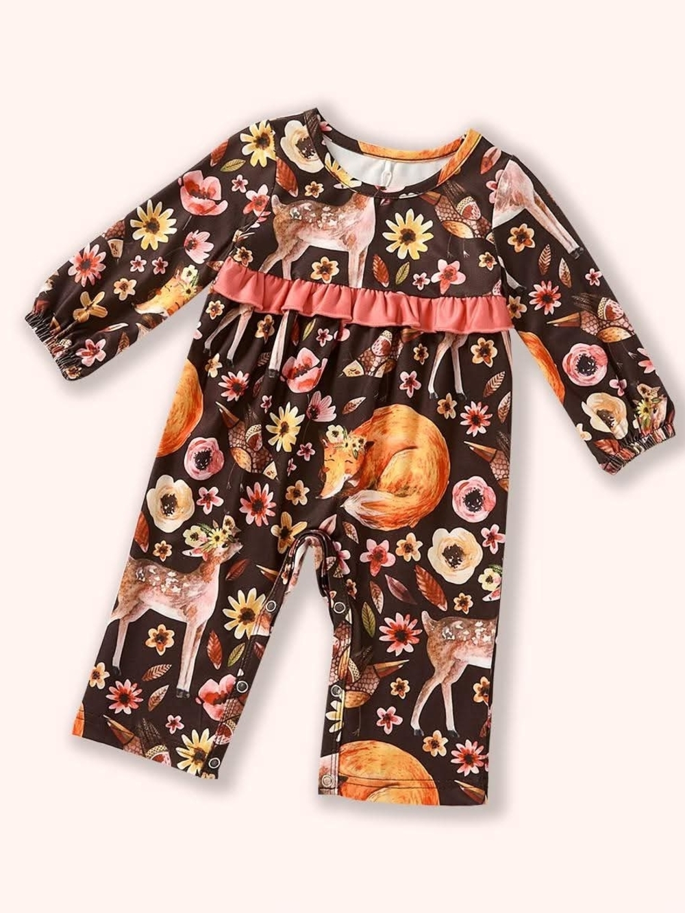 Woodland Floral Fox Baby One-Piece Romper - Brown and Pink